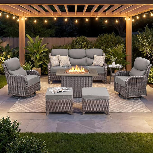 Luxury Patio Furniture Set with 6-inch Thick Cushion, Outdoor Furniture with Fire Pit Table, Swivel Chairs, Sofa, Side Table, Ottomans, 7pcs Wicker Conversation Set(Brown Wicker/Grey Cushion)
