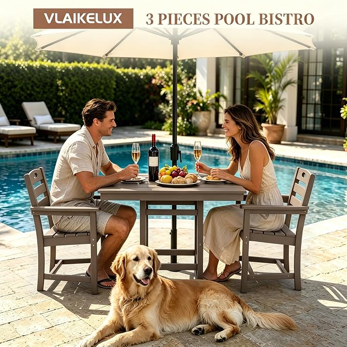 Outdoor Patio Dining Square Table and Armchair 3 Piece Set, Brown | HDPE Material, 1.77" Umbrella Hole, All-Weather, Patio Furniture, Table and 2 Chairs, For Backyard, Deck, Garden