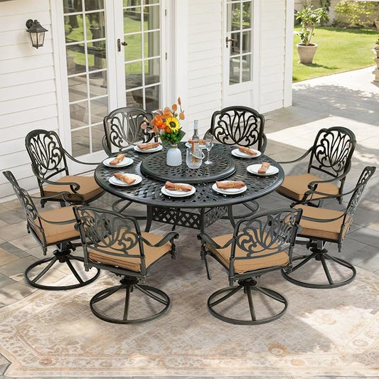 9-Piece Patio Furniture Dining Set, Cast Aluminum Outdoor Conversation Set- 61" Round Patio Dining Table with Detachable Lazy Susan & 8 Cushioned Swivel Rocker Chairs, Umbrella Hole, Khaki