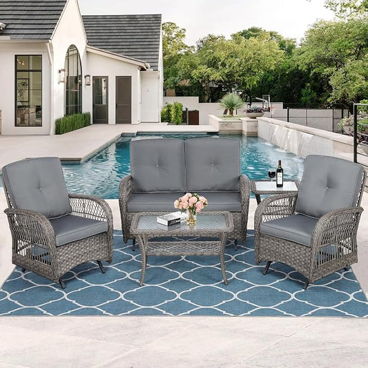 MEETWARM 5 Pieces Outdoor Wicker Patio Conversation Sets with Glider Loveseat, 2 Chairs with 2 Glass-Top Coffee Table Wicker Rocking Glider Set, Wicker Conversation Set w/Thickened Cushions, Gray