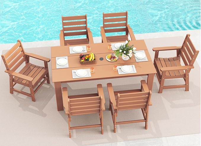 GREENVINES 7-Piece Outdoor-Dining-Set | HDPE Plastic 67'' Table and Chairs Sets for 6 | Patio Furniture | All Weather | Umbrella Hole | Teak | for Poolside Garden Backyard