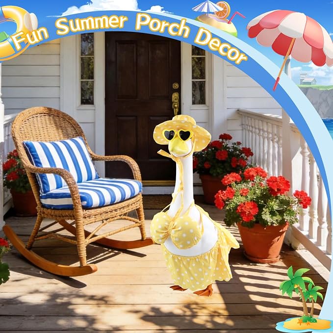 Summer Bikini Porch Goose Outfits – Yellow Swimsuit Goose Clothes with Sun Hat & Heart Sunglass, Cute Patio Lawn Garden Decor for 23 Inch Lawn Goose