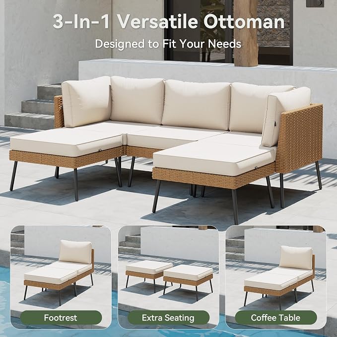 Aoxun 8 Piece Patio Furniture Set, 8 Seats Outdoor Sectional Sofas with Thick Cushion, Wicker Patio Outdoor Furniture Set with Ottomans for Party, Garden, Backyard, Beige