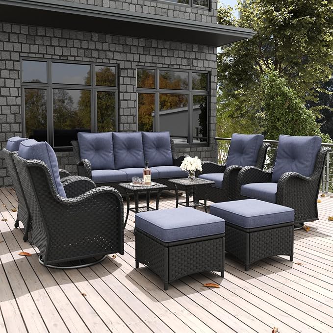 LayinSun 9 Pieces Outdoor Patio Furniture Set, Rattan Wicker Sectional Swivel Rocker Chairs Sets with Ottomans, Swivel Glider Chairs,Single Chairs and Coffee Table
