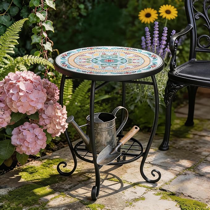 VINGLI Outdoor Side Table for Patio, Small Outdoor Table with Storage Shelf, Heavy Duty Metal Frame Patio Side Table for Outside Balcony Garden Porch (Celadon Flower Realm)