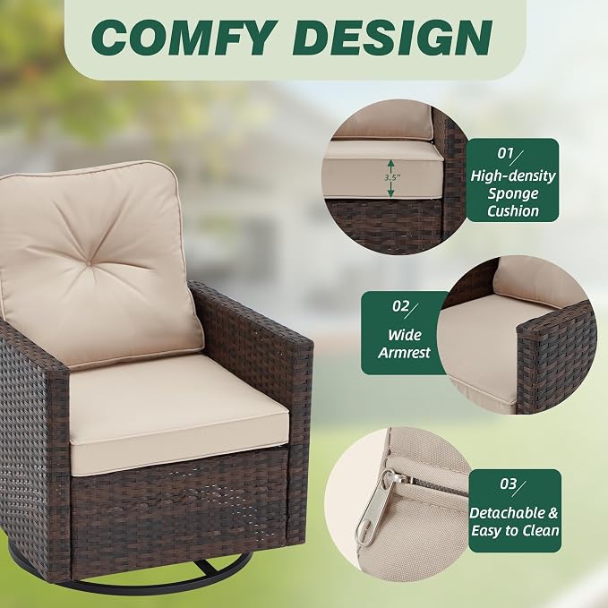 AVAWING 3 Pieces Patio Furniture Set, Wicker Swivel Rocking Chairs with Tempered Glass Side Table, Patio Conversation Set w/Waterproof Cushions for Garden, Balcony and Porch, Beige