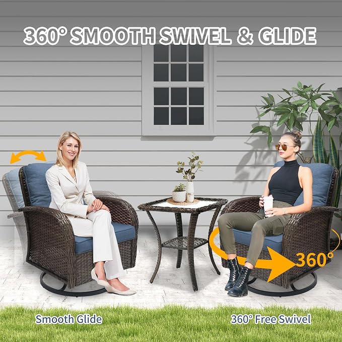 SHGJ&SOFT 3 Piece Patio Furniture Set, 2 Outdoor Swivel Rocking Chairs with Side Table, Wicker Glider Chairs, All-Weather Rattan Bistro Set for Porch, Deck, Pool (Blue, Brown Full-Weave Rattan)