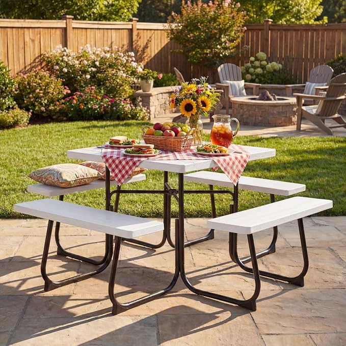 GYMAX Picnic Table Bench with Umbrella Hole, 8 Person Square Outdoor Picnic Table with Metal Frame & HDPE Tabletop, Camping Table for BBQ Yard Patio, 2300LBS Capacity (White)