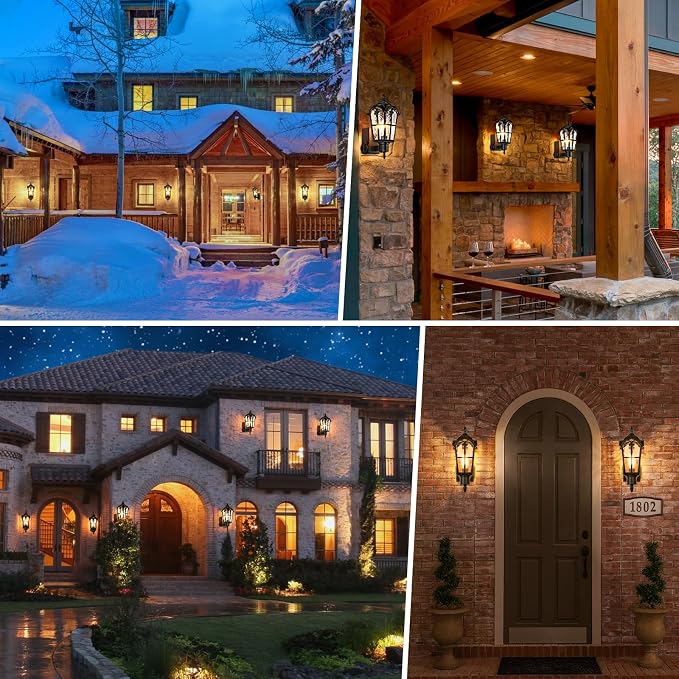 16’’ Large Outdoor Wall Lights with Outlet, Exterior Wall Lantern Sconces | Waterproof, Rust-resistant, Matte Black, Water Ripple Glass, Quick & Easy Installation, Retro & Traditional