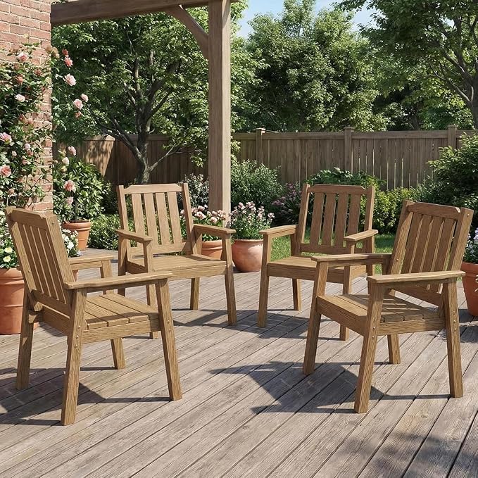 Takywep 23.9” Wide HDPE Patio Dining Chairs Set of 4, 650LBS Capacity All-Weather Yard Armchair with Slatted Seat, Heavy Duty Modern Backyard Furniture for Garden, Poolside, Deck, Natural
