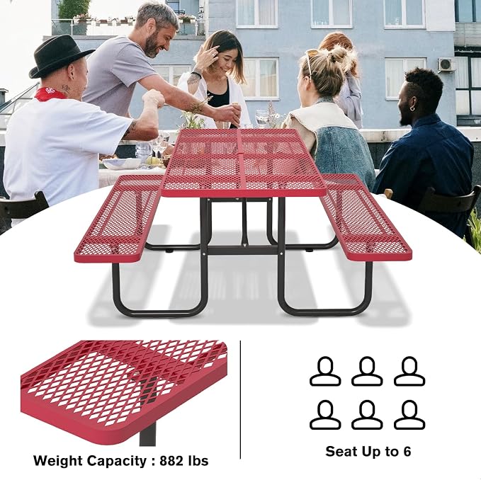 Picnic Tables for Outdoors with Umbrella Hole-Coated Steel Heavy Duty Commercial Grade Table with Seats,Commercial Metal Picnic Tables,Heavy Rectangular Furniture Set for a Lifetime (red)