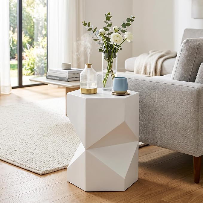 SUNBURY Outdoor Side Table, 18" Hexagon End Table Gloss Finish w Geometric Pedestal, Patio Concrete Accent Table Modular Design Decor, Lightweight Garden Stools for Balcony, Porch, Living Room, White