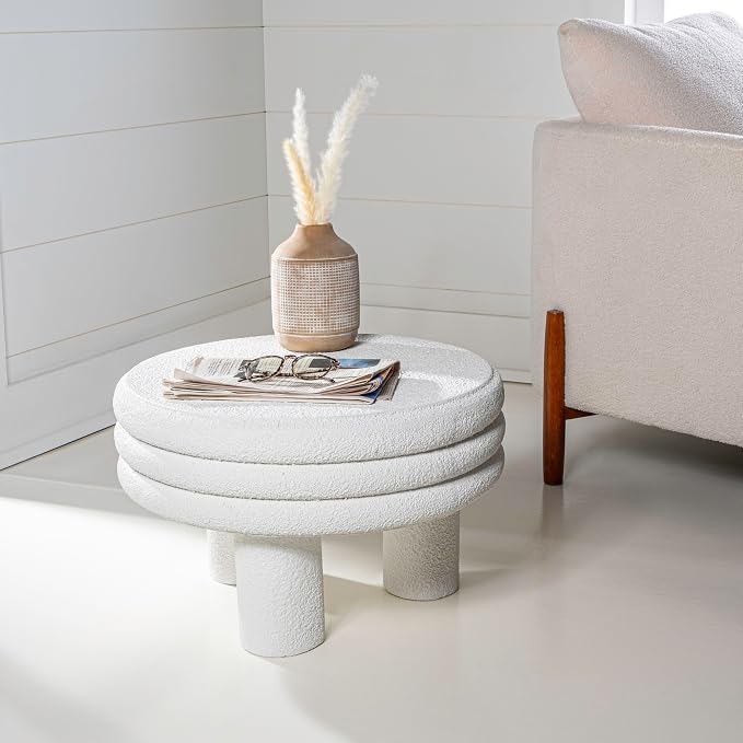JONATHAN Y Rashida 13.5" White Frosted Modern Round Polyresin Indoor Outdoor Accent Coffee Table, Weather Resistant Low Table with Chunky Ribbed Stacked Ring Design and Tripod Pillar Base TBL1105B