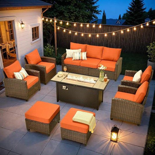 ovios 8 Pieces Patio Furniture Set, Outdoor Wicker Sofa Couch with 54" Fire Pit Table Comfy Cushions, All Weather Brown Rattan Conversation Set for Backyard Deck, Orange Red