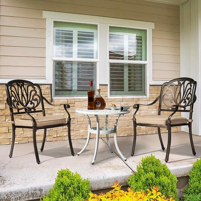 Outdoor Round Side Table with Classical Floral Design, 23.6” Aluminum Round Patio Table for Indoor & Outdoor Use, (White)