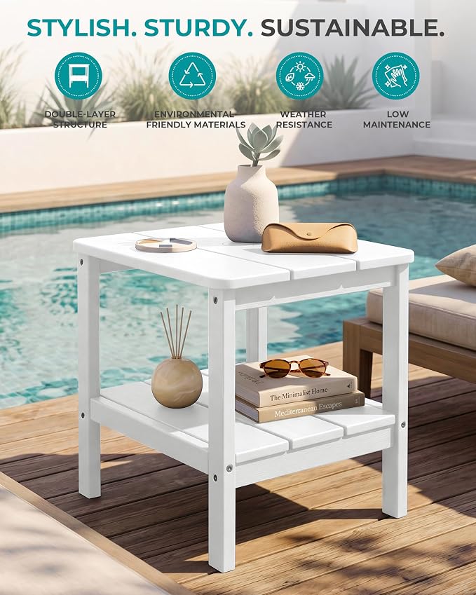 SERWALL Double Layer Adirondack Side Table with Umbrella Hole, HIPS Outdoor Side Table Rectangular End Tables for Patio, Poolside, Garden, White