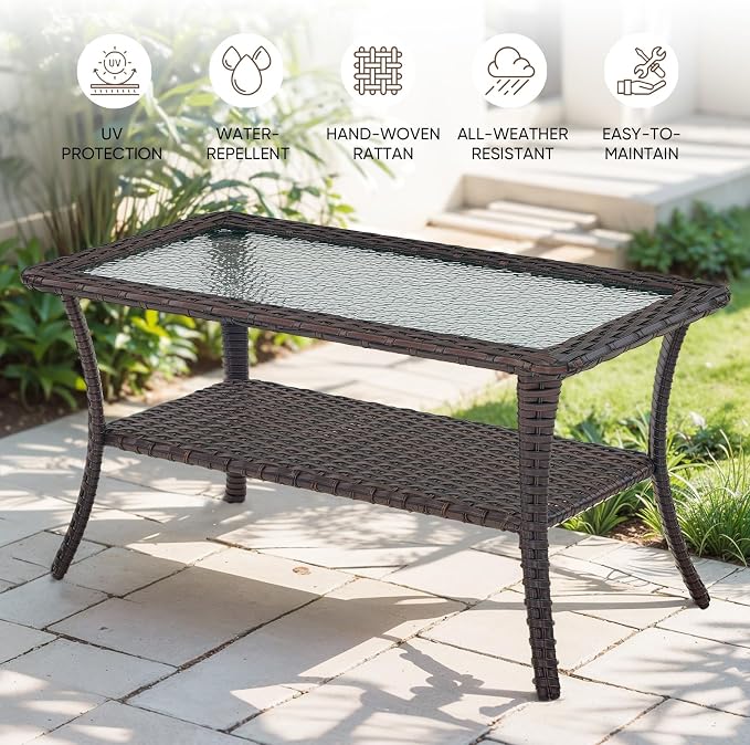 Patio Loveseat Glider Set, Resin Wicker Loveseat Glider with 2 Swivel Patio Chiars Coffee Table and Side Table, 5 Piece Patio Furniture Set Loveseat Set, Brown Wicker|Blue Cushions