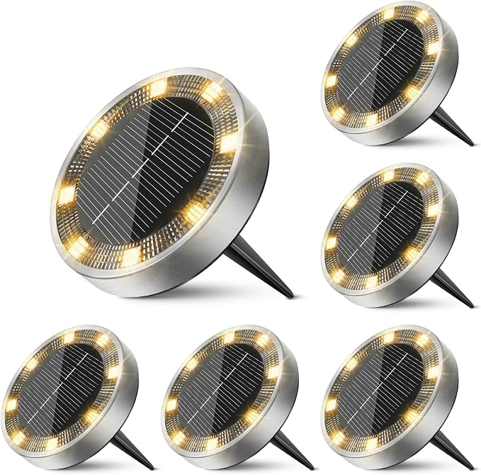 6 Pack Solar Ground Lights Outdoor, 8 LED Mini Flat Solar Disc Lights, IP65 Waterproof Pathway Lights Solar Powered, Landscape Lighting for Garden Walkway Driveway Yard Lawn,Warm White