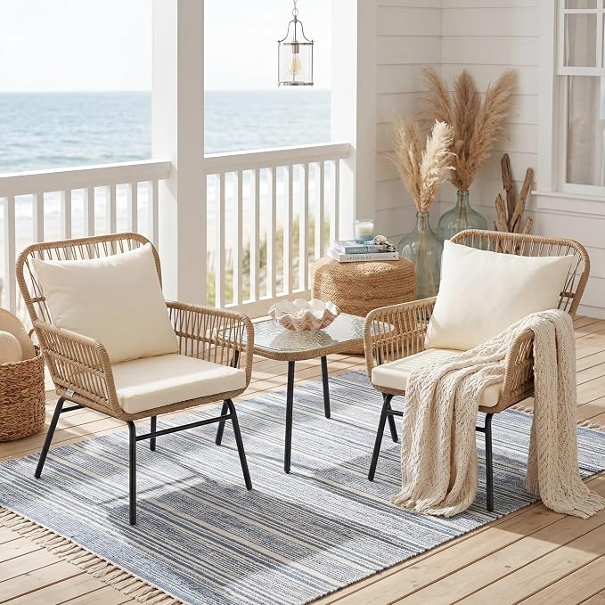 BULEXYARD 3 Pcs Boho Outdoor Patio Furniture Sets with Side Coffee Table, Natural Color Wicker Conversation Chair Sets with Cozy Beige Cushion for Backyard Porch Balcony Deck