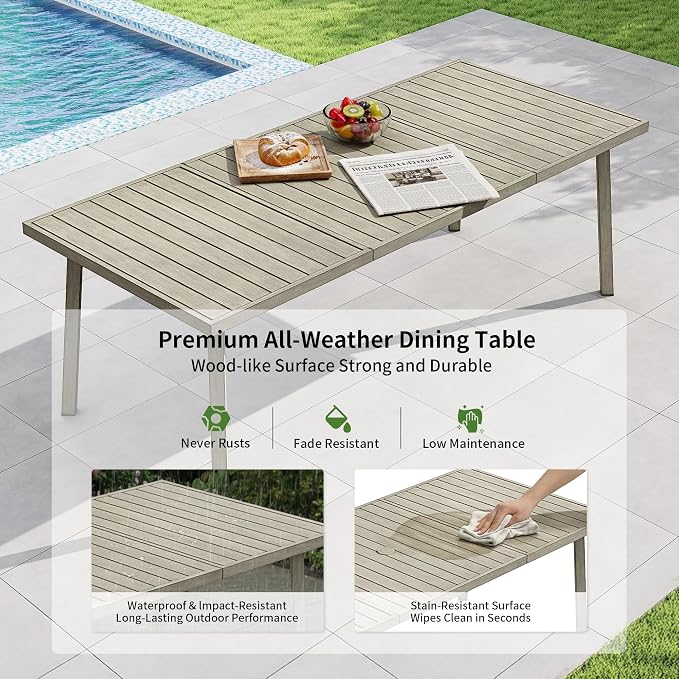 Outdoor Dining Set,9-Piece Patio Dining Table Set for 8 with Rectangular Table & 8 Thick Cushion Sofa Chair, Aluminum All-Weather Patio Furniture Set for Backyard, Garden and Poolside (Grey)