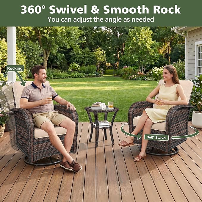 Aoxun 11 Piece Outdoor Patio Furniture Set with 44'' Fire Pit Table, Wicker Rattan Outdoor Furniture with High Back Swivel Rocker Chairs, Outdoor Sofa Set with Thick Cushion & Side Table, Beige