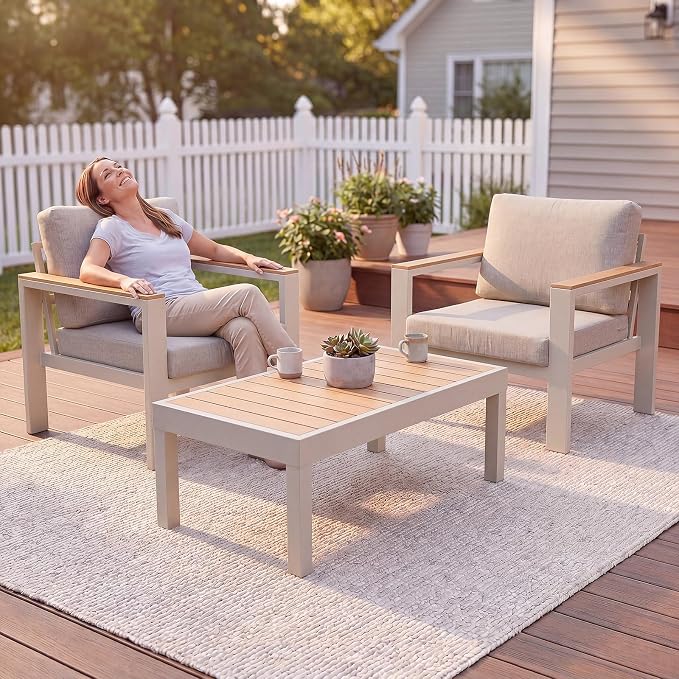 3-Piece Balcony Patio Furniture Set, Aluminum Outdoor Chair Set with 2 Single Patio Chairs & Coffee Table, 1.5mm Thick Rustproof Frame, Waterproof Removable Cushions for Small Balcony Front Porch