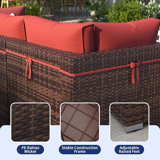 Patio Furniture Set, Modular 10-Piece Patio Conversation Sets with Coffee Table, All-Weather Wicker Outdoor Sectional for Backyard and Balcony, Wine (Waterproof Covers Included)
