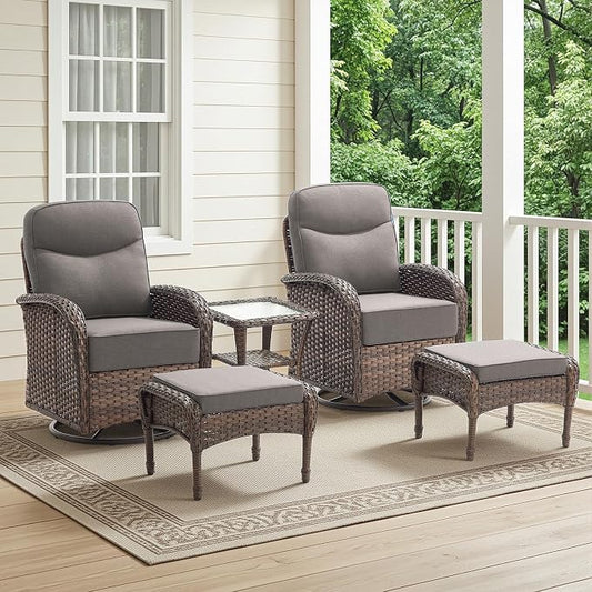 HUMMUH Outdoor Swivel Rocker Patio Chairs with Ottomans,Luxury 6-inch Thick Cushion High Back Patio Furniture Set,5PCS Wicker Conversation Set for Deck Yard and Poolside