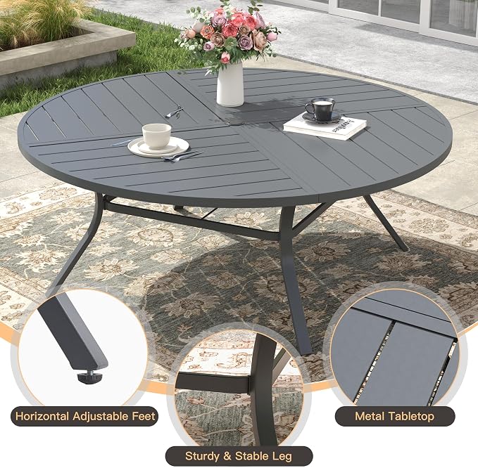 Outdoor Dining Set for 8, 60.1" Metal Round Outdoor Dining Table with Umbrella Hole and Sling Patio Swivel Chairs, 9 Pieces Patio Table and Chairs Set for Garden Backyard, Grey and Dark Grey