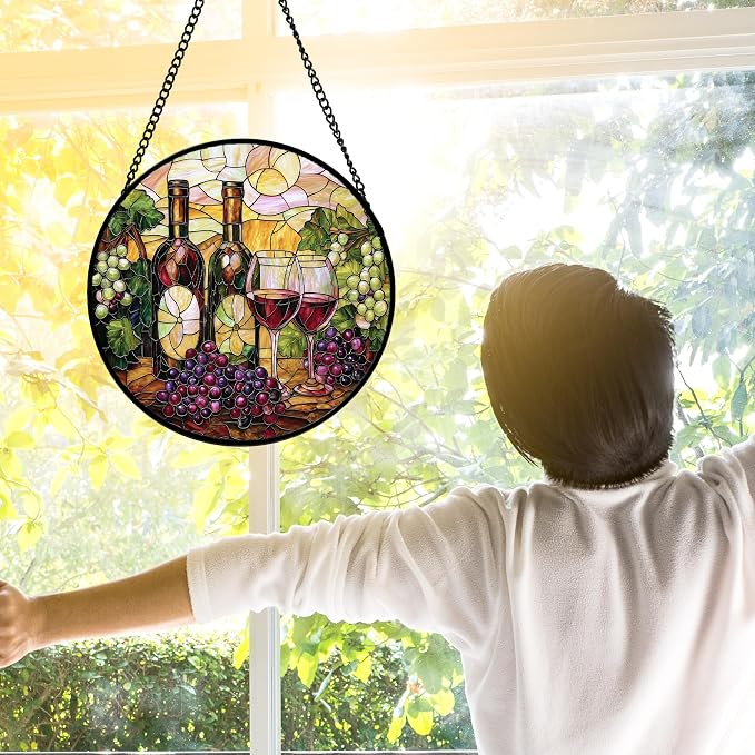 DASTOLL Stained Glass Window Hanging, Grapes and Wine Suncatcher Diamond Glass Panel Hangings Sun Catchers Decor for Birthday for Women, Men, Wife, Aunt, and Mom 9.8 in