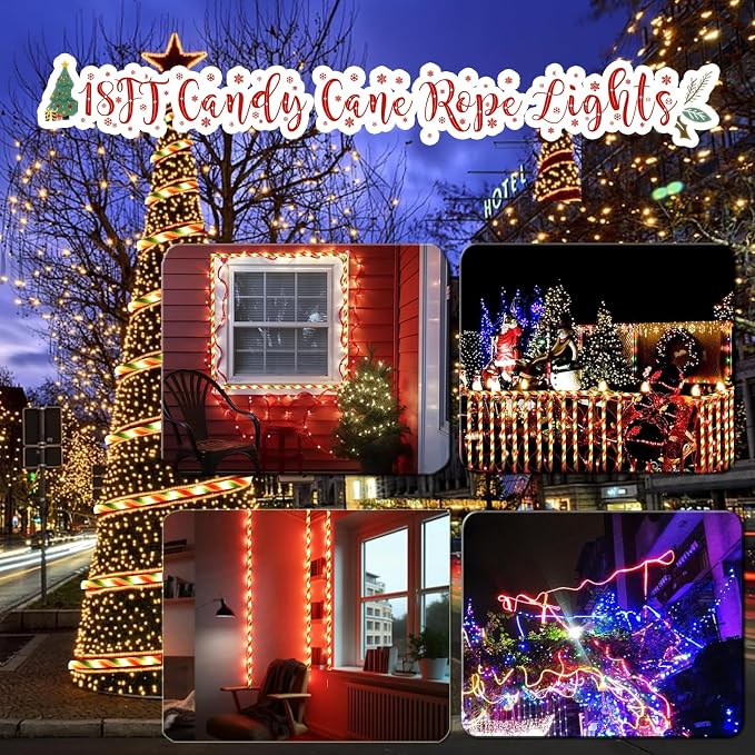 Vigdur Candy Cane Rope Lights Outdoor, 18FT 216 LEDs Christamas Rope Lights | Connectable And Flexible Clear Tube, IP65 Waterproof, Christmas Rope Lights for Patios Gardens Parties And Christmas Décor