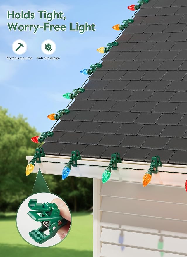 C9 Christmas Lights Outdoor, 102FT 150 LED String Lights with Spring Clips | Waterproof Connectable Commercial Grade Christmas Tree Lights for Outside Roofline Patio Yard Home Xmas Decor, Multicolor