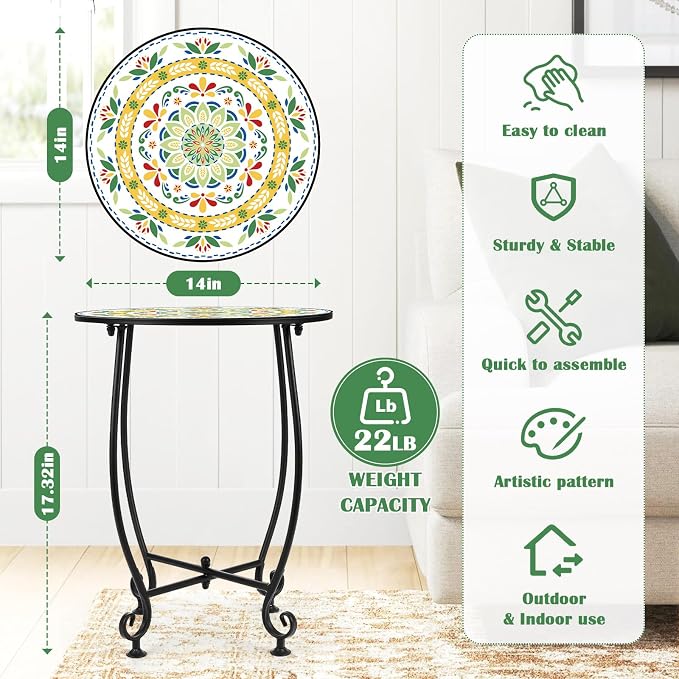 Outdoor Round Side Table, 14'' Unique Colorful Pastoral Style Plant Stand,Mosaic End Table,Bistro Accent Table for Garden Yard Parch Balcony Mother's Day Housewarming Gift