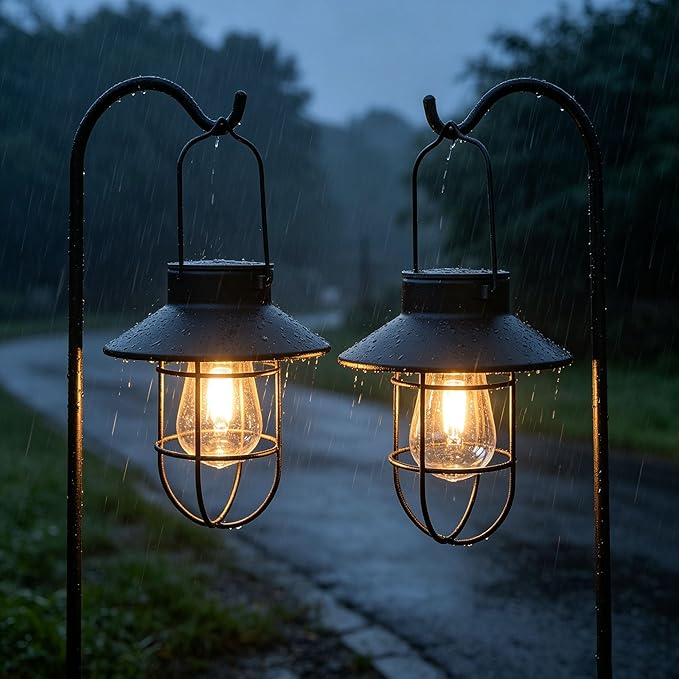 Solar Lantern 2pack Outdoor Hanging Light- Waterproof Vintage Metal Light with Shepherd Hook Decorative for Patio, Backyard, Porch, Yard (Black)