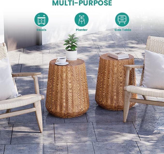 SUNBURY Outdoor Side Table, Stump End Table, Wood Stump Stool Light Oak, Round Concrete Side Table Colored Faux Wood, Ottoman or Plant Stand, Deck or Garden