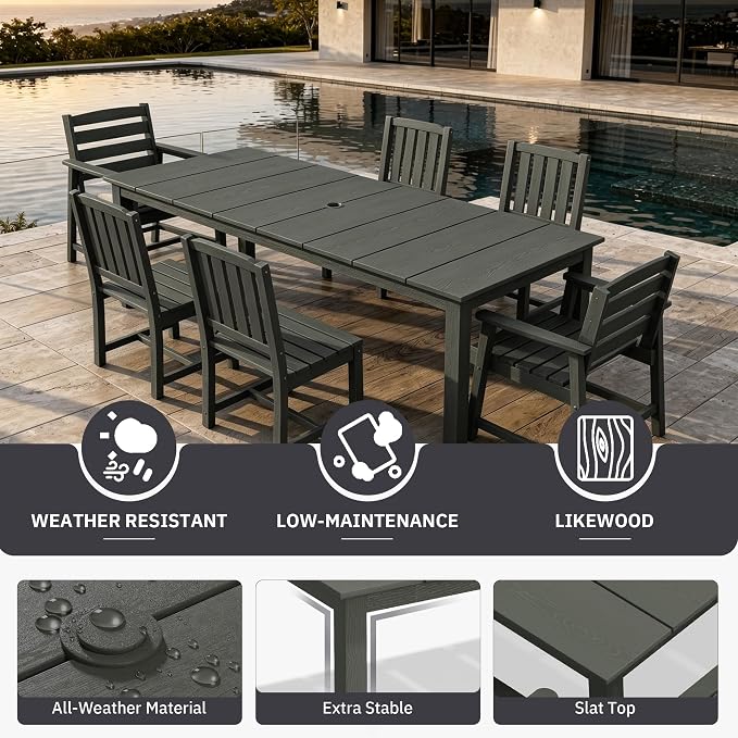 AreShark 9-Piece Outdoor Dining Set,HDPE Patio Table with 8 Armless Chairs,All-Weather Patio Furniture Set with Umbrella Hole,Low Maintenance Wood Grain Dining Set for Backyard,Garden,Poolside,Black