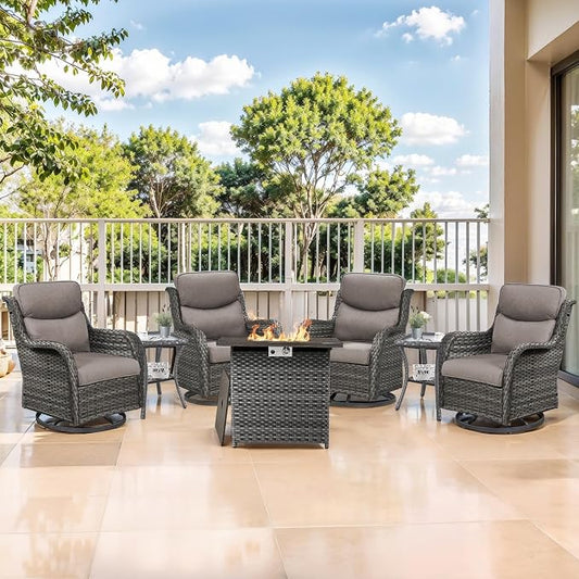 Outdoor Swivel Rocker Patio Chairs Set of 4 with Fire Table - 5" Thick Cushion 6 Piece Furniture Set with Fire Pit Table All Weather Wicker Conversation Set for Porch Deck - Gray/Gray
