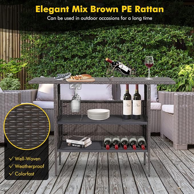 FANTASK Outdoor Wicker Bar, Paito Bar Table w/2 Storage Shelves, 2 Sets of Rails and Condole Cup Holders, Rattan Bar Counter Table for Backyard, Poolside, Garden