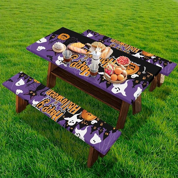 Halloween Pumpkin Picnic Table Cover with Bench Covers Washable Outdoor Camping Tablecloth Summer Abrasion Resistant Waterproof Picnic Table Cover 3 Piece Set