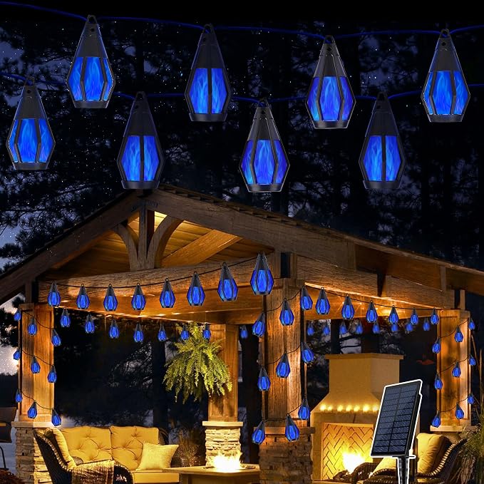 Solar String Lights for Outside, 21Ft Solar Patio Lights with 10 Flickering Flame Light Bulbs, Waterproof Blue Solar Powered Outdoor Lights for Garden Yard Patio Gazebo Bistro Cafe Porch Party Decor