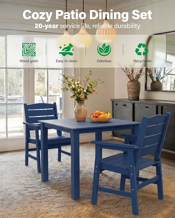 YEFU 3-Piece Outdoor Table and Chairs ：All-Weather HIPS Patio Dining Sets for 2 Easy Assembly Outdoor Dining Set - Square Wood Grain Patio Furniture Set for Backyard Garden Deck Poolside（Navy）