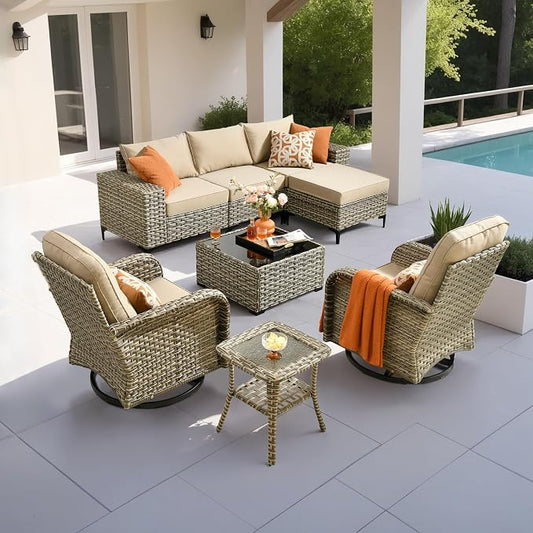 Outdoor Sectional Patio Furniture Set with Rocker Chairs,7 Pieces Wicker Conversation Sets L Shaped Couch,Extra Deep Out Door Sofa Outside Furniture,Beige