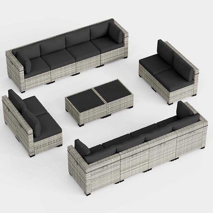 14-Piece Outdoor Patio Furniture Set, PE Wicker Rattan Sectional Sofa Conversation Set with Tempered Glass Table & Thick Cushions - All-Weather Garden, Backyard Furniture, Dark Grey