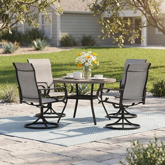 5 Pieces Patio Dining Set, 4 Outdoor Swivel Dining Chairs with 40.7" Round Metal Outdoor Dining Table with Umbrella Hole for Garden Backyard Deck, Grey