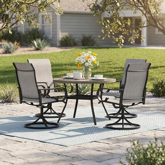 5 Pieces Patio Dining Set, 4 Outdoor Swivel Dining Chairs with 40.7" Round Metal Outdoor Dining Table with Umbrella Hole for Garden Backyard Deck, Grey