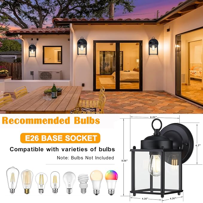 Outdoor Wall Light, Porch Lamp, Rustproof Waterproof, Black | Exterior Wall Sconce Fixture for House, Garage, Patio, Metal Housing with Glass, E26 Base, 2 Pack