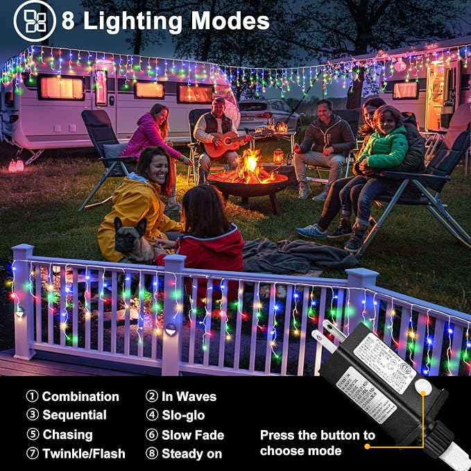 Colored Christmas Lights Outdoor, 33ft 400 LED Icicle Lights for Outside | Connectable Clear Wire 8 Modes Timer Plug in Waterproof for House Home Holiday Eaves Yard Party Room Indoor Decorations