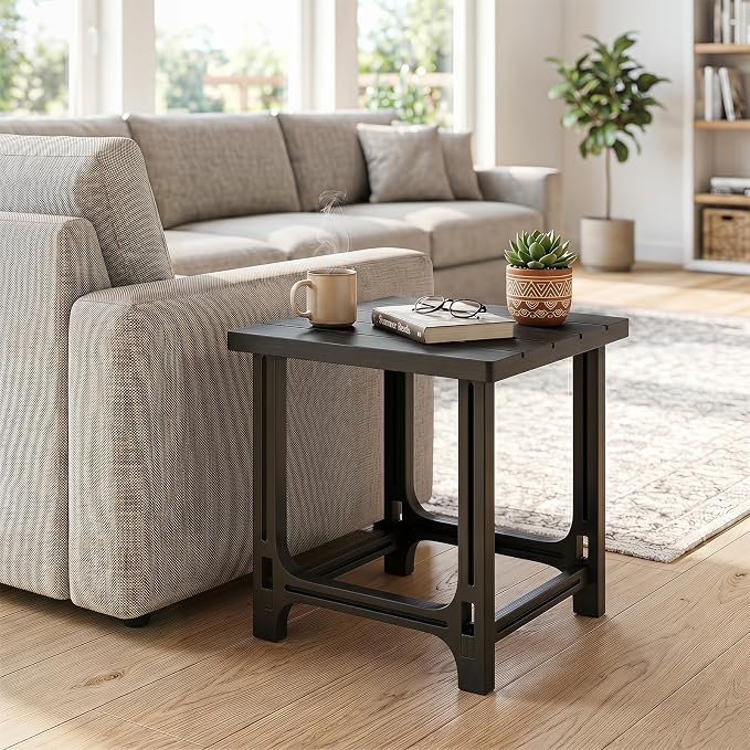 Tangkula Outdoor Adirondack Side Table Set of 2, 18" Heavy Duty HDPE Patio End Table with Slatted Surface, 0-Screw Assembly, Easy Maintenance, Small Side Table for Porch, Pool, Garden, Deck (Black, 2)