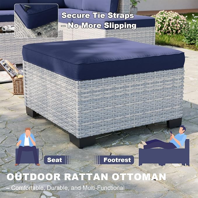 13-Piece Patio Furniture Set, Outdoor Patio Furniture with Swivel Chairs Set, Ottomans, 55,000 BTU Fire Pit Table, Modular Patio Sofa, Dual-Strand Wicker Rattan, Rust-Resistant Frame, Navy Blue