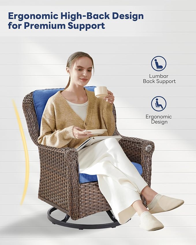 Patio Swivel Chairs Set of 2-High Back Swivel Rocker Outdoor Chair Patio Chair for Deck Porch Lawn Garden Backyard-Brown/Blue